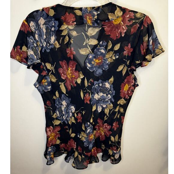 CHAPS floral button up blouse PETITE LARGE semi sheer peplum v neck cap sleeve - Picture 10 of 10